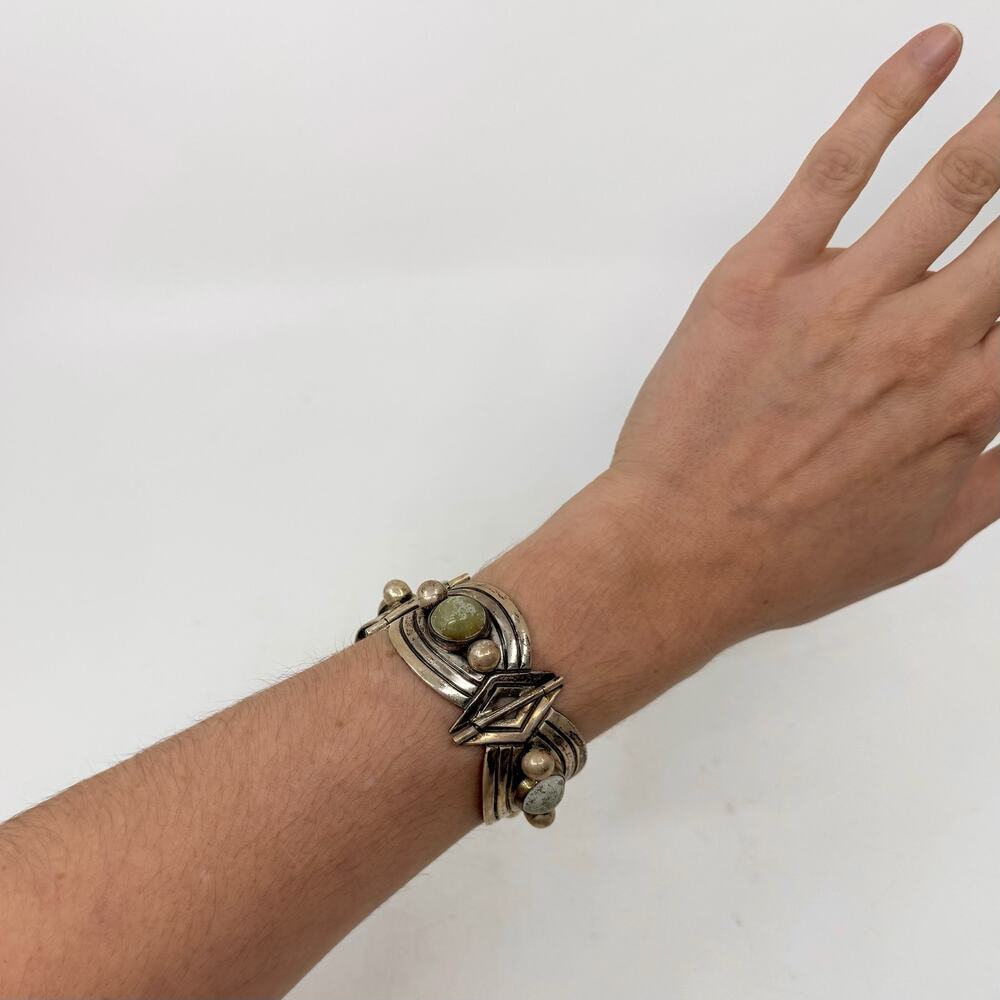 Vintage 40s Mexican Sterling Silver & Cabochon Bracelet - Picture 8 of 9